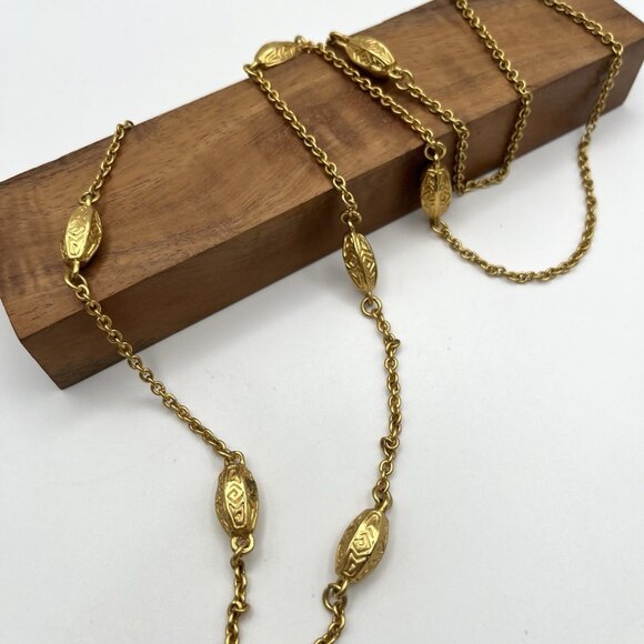 Vintage Gold Tone Chain Necklace w/ Embossed Oval Beads Retro Costume Boho MCM - Picture 1 of 5